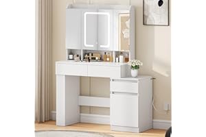 YITAHOME Dressing Table with 3-Sided Mirrors & 3-Color LED Lights, Makeup Desk with Adjustable Shelves, 3 Drawers, 1 Cabinet, 6 Hooks, and Jewelry Pack, White, 110 x 40 x 146 cm