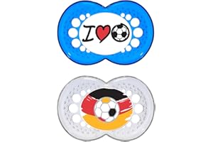 MAM oryginalny silikonowy smoczek kolekcja "Football" w 2-częściowym zestawie, smoczek dla niemowląt, wykonany ze specjalnego silikonu MAM SkinSoft z pudełkiem na smoczek, 16 miesięcy, niebieski