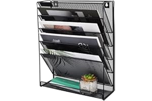 EASEPRES 6 Tier Mesh Wall Mounted File Holder Organiser, Metal Wall Mounting Magazine A4 Paper Storage Rack, Desk Filing Letter Holders for Office Home, Black