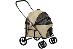 PawHut Poussette pour Chien et Chat 2 en 1 Pliante Chariot pour Chat Chiots avec nacelle Amovible, Coussin, Laisse de sécurité, jusqu'à 10 kg, Acier 81 x 68 x 98,5 cm, Kaki