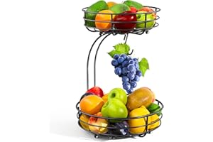 ZIPEEU Cesta de Frutas, Frutero de Dos Niveles con Gancho para Plátanos, Estante para Encimera de Cocina, Bol de Metal para Frutas, Verduras, Aperitivos, Magdalenas, Cosméticos (Negro)