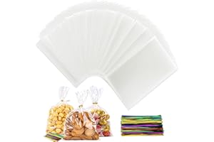 GICCTYBLE 100 Pezzi Sacchetti Trasparenti per Confezioni 25x15cm, Bustine Cellophane per Pane Fresco Caramelle, Biscotti, Frutta, Gioielli con 100 Bande Metalliche per Feste Matrimonio Compleanno Bambini Regalo