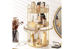 Bingobang Makeup Organiser 360 Rotating, Spinning 3 Tiers Skincare Cosmetic Organizer Acrylic Large, Tidy Storage Shelf for Perfume, Jewelery, Brush, Vanity Desk, Dresser, Bedroom, Bathroom (Gold)