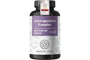 ‎NATURE LOVE NATURE LOVE® Ashwagandha Komplex – 600mg Ashwagandha pro Tagesdosis – 90 Kapseln – mit KSM-66, Magnesium, Folsäure und Vitamin C und B6 – hochdosiert & vegan – in Deutschland produziert