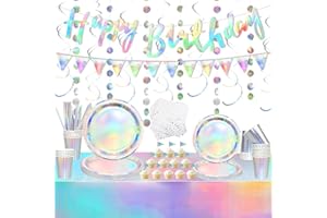 Obussgar Schillernde Partydekorationen – Happy Birthday-Banner, dreieckiger Wimpel, Kreis-Punkt-Girlanden-Luftschlange, holografische Pappteller, Folientischdecke, Strohhalme – für 20 Personen