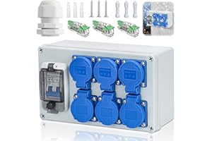 VEXNOOK Construction Power Distributor 16A - IP67 Waterproof Power Distribution with FI Switch Distributor 6 Sockets, for Indoor and Outdoor Construction Power Distributions, Workshops and Factories