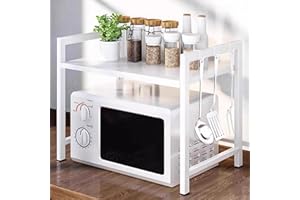 JSUDQR 2 Niveles Soporte Extensible para Horno de Microondas Blanco Estanteria para Microondas en Acero al Carbono Organizador Estanteria para Encimera de Cocina con 5 Ganchos Longitud 40-60cm