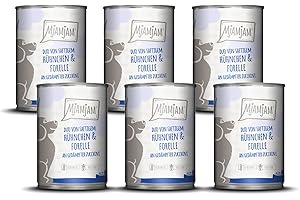 MjAMjAM - Nourriture Humide Premium pour Chiens - Duo de Poulet juteux & Truite aux courgettes cuites à la Vapeur, Paquet de 6 (6 x 400g), sans céréales avec Extra Viande