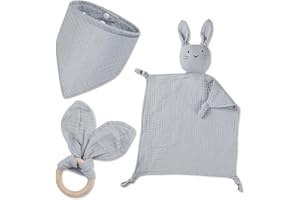 BINYI Baby Gift Boy Girl Newborn Gift Set Baby Gifts 3 Pieces Gifts for Birth with Cuddly Cloth Rabbit and Teether Wooden and Bib Baby for Newborn Baby Shower Things (Grey)