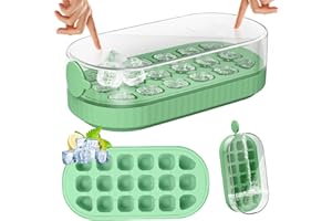 PKBD Cubitera con Tapa y Recipiente, Moldes Silicona para Cubitos de Hielo de 18 Piezas para Congelador, Fácil Apertura, Llenado Rápido Sin Tocar, Cubitera para Cóctel de Whisky, Té, Café, Verde
