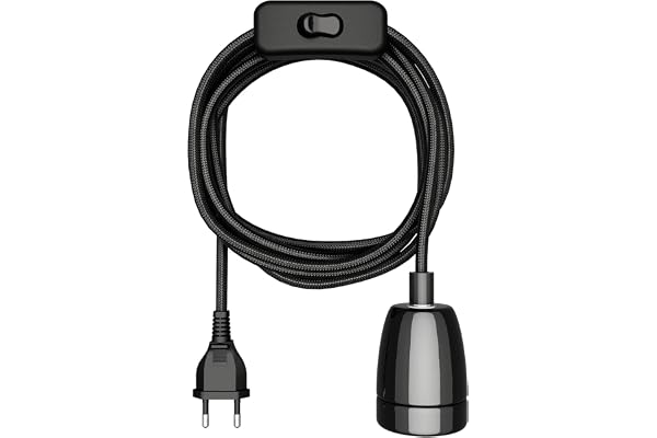 ledscom.de Textilkabel LEHA II, kontakt, strömbrytare, glansigt svart, 3 m, porslinsfattning, 1x E27 max. 300 W