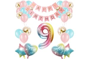 Apradas Baby Girl 9th Birthday Decorations Gradient Color Age 9 Birthday Balloons with Happy Birthday Banner for Baby Showers Ninth Birthday Party Supplies for Girls Boys (9th-Birthday)