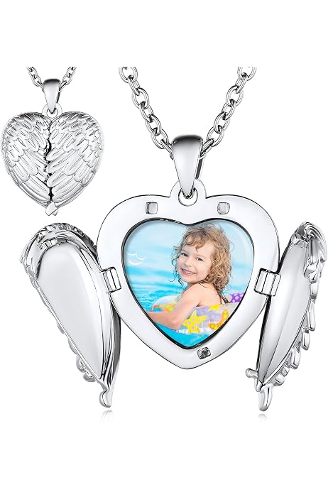 Collar Con Foto De Corazón De Alas De ángel Grabable En Plata, Obtenercollarconnombre