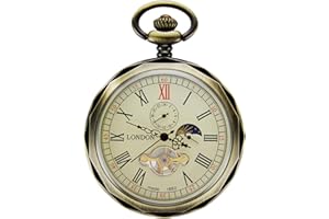 TREEWETO Montre de Poche Montres Goussets mécanique pour Homme en Bronze à chaîne, Lune Soleil Tournant 24 Heures Afficher Cadran Squelette avec chaîne + Boite Cadeau