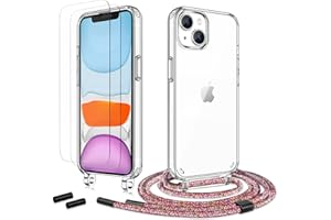 Anshow Handykette für iPhone 13 Mini Hülle mit Band + 2 Schutzfolie, Robust Necklace Extrem Stoßfest Handyhülle iPhone 13 Mini Case Transparent Schutzhülle zum Umhängeband Abnehmbar, Regenbogen