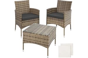 TecTake® Ensemble Salon de Jardin Extérieur en Poly Rotin 2 Personnes Ensemble Fauteuil Salon et Table de Jardin, Coussins Amovibles Inclus, Mobilier de Jardin pour Amenagement Balcon Terrasse