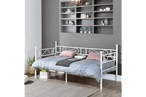 FetiNes Tagesbett Bettgestell 90x190 cm Bett, Metal Wasserdicht Familienbett Gästebett Metallbett Jugendbett Einzelbett Sofabett für Schlafzimmer Wohnzimmer passend, Weiß