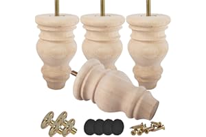 Btowin 4.8 inch / 12cm Unfinished Wooden Bun Feet, 4Pcs Solid Wood Furniture Legs with Threaded M8 Hanger Bolts & Mounting Plate & Screws for Sofa Couch Chair Ottoman Cabinet