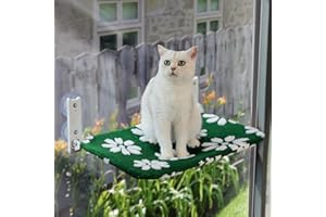 Yaning Cat Window Perch, Foldable Cat Window Hammock with Cute 3D Textured Flower Cover and Strong Suction Cups, Cordless Window Seat Bed for Indoor Cats (Green Flower, Large)