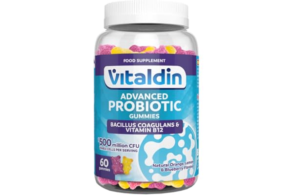 VITALDIN Probiotique Gummies – 500 millions d´UFC de Bacillus Coagulans par dose + Vitamine B12 – 60 Gommes (pour 1 mois); saveur de Fruits – Flore Intestinale – pour Enfants et Adultes