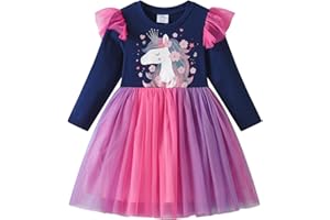 DXTON Le Ragazze Vestono Abiti da Festa Casual a Maniche Lunghe in Tulle con Principessa Unicorno 2-8 Anni