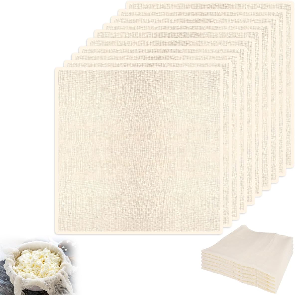 10 Piezas Tela Filtrante Reutilizable, 50 x 50 cm Paños de Queso para Colar, Cheese Cloth, Tela para Queso de Algodón, Wiederverwendbar und Waschbar Ungebweihtuch, para Alimentos Tofu Café Zumo