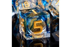 ARUOHHA Liquid Core DND Dice Set, 7pcs Resin Sharp Edged Dice for Dungeons and Dragons, Handmade RPG Dice, Golden Blue Polyhedral D&D Dice, Role Playing Dice Set D20 D12 D10 D8 D6 D4 with Gift Box