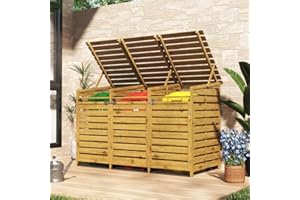 Warmiehomy 3 Wheelie Bin Storage 3 x 240L Wooden Bin Storage for Wheelie Bins, Wooden Recycling Bins Store Outdoor, 1 CM Thick Wood Board, 198 x 86 x 122.5 CM, Yellow