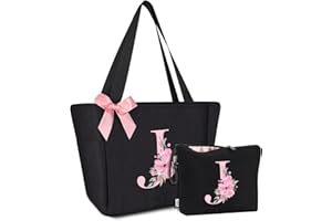 Vavabox A-Z Handtasche Damen,Personalisiert Initialen Tote Bag Set,Geburtstag Brautjungfern Geschenke Für Frauen (J, Schwarz)