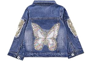 LSHEL Jeansjacke Mädchen Langarm Denim Jacket Kinder Schmetterlinge Übergangsjacke mit Pailletten