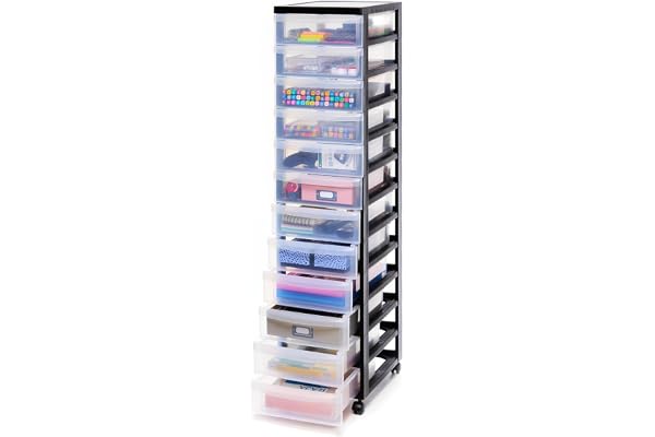 Iris Ohyama, Tour de rangement à Roulettes en Plastique, 12 Petits Tiroirs, Noir, Ouverture Facile, Meuble de Rangement, Papeterie, pour Chambre, Salle de Bain, École & Bureau, Sans BPA, DC-012