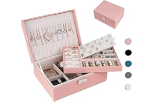Homtibrm Jewellery Organiser Box for Women Girls, 2-Layer Large Jewelry Storage Case for Necklaces Rings Earrings Bracelets (Pink01)