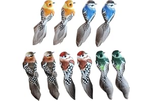 CLKE 10 szt., ozdobne ptaki na zewnątrz, realistyczne z klipsem do instalacji, kolorowe ręcznie robione sztuczne ptaki z piór, do krajobrazu, dekoracji ogrodowej, dekoracji leśnej
