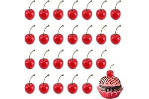 Garnirise 25Pcs Fake Cherry,Artificial Cherries Fruit Decoration,Lifelike Red Black Cherries Models DIY Craft Christmas Crafting Supplies