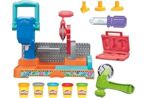 Play-Doh Werkbank Spielset, 5 x 56 g Dosen Modelliermasse in bunten Farben, mit Kreissäge-Spielzeug, Werkzeug und Stempel, kreatives für Kinder ab 3 Jahren