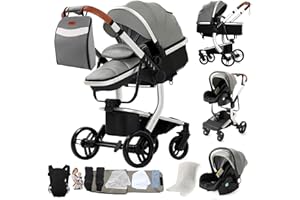 Veitoalioy Cuir PU Poussette 3 en 1, Portable Poussette Bebe Pliante, Haute vue Poussant Avant Et Arrière, Système De Voyage Pour Bébé (L518 Grey)