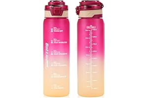 SEASEVEN Sports Water Bottle 1L,Plastic Drinks Bottle,1 Litre Water Bottles with Time Markings,Girls Boys Waterbottle Leak-Proof & Bpa-Free for Gym,School, Office, Outdoor(Red)