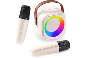 Danolt Karaoke Machine,Beige Bluetooth Mini Karaoke Machine with 2 Wireless Microphone,Portable Karaoke Machine with Four Voice Changes,Gifts for Teenage Girls Boys Voice Changer for Kids