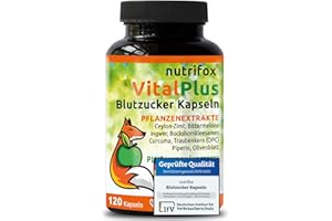 ‎NUTRIFOX Nutrifox® - 120 Blutzucker Kapseln Vital Plus (Ceylon-Zimt, Chrom, Zink, OPC, Bittermelone, Bockshornkleesamen, Kurkuma, Ingwer, Vitamin B Komplex, usw.) 2 Monate, von Beratern für Diabetes