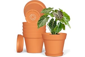 HOMEUOUZ Plastic Plant Pots Indoor Outdoor, 6 Pack 7Inch/17.7CM Large Plant Pots Flower Pot with Drainage Holes and Tray,Modern Decorative Planter Pot for All House Plants(Terracotta)