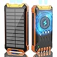 Solar Power Bank 36000mAh, Qi Wireless Solar Charger Built in 4 Cables, IPX4 Waterproof Battery Pack with 3 Input & 6 Output, LED Flashlight/Carabiner, suitable for Hiking Camping Adventure(Orange)