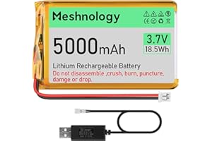 MESHNOLOGY 3.7V 5000mAh LiPo Battery Rechargeable 1S 105080 Lithium Polymer Battery with PH 2.0 USB Charger Cable and Protection Board Insulated Rubber Tape for Ar duino ESP32 Board RPI Drone RC Car (1 Pack)