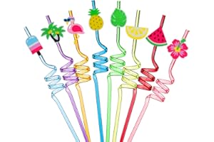 VerteLife Pack of 8 Plastic Straws Reusable Straw Summer Hawaiian Tropical Straws Novelty Curly Straw Drinking Straws for Children Birthday Party Decorations Party Supplies - Hawaii
