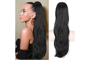 PORSMEER Lange Zopf Pferdeschwanz Haarteil Haarverlängerung mit Kordelzug Lang Glatt Wellig Natürliches Synthetik Haar Ponytail Extensions Schwarz 1B für Frauen Afro Dame,65cm