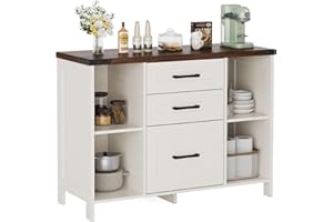 FIVEWILLOWISE Kitchen Cabinet, Sideboard with 3 Drawers and 4 Open Shelves, Storage Cabinet with Shelf, Filing Cabinet, Multi-Purpose Cabinet, Office Cabinet, W 88 / D 35 / H 66 cm, Vintage White