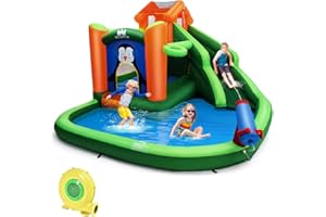 GOPLUS 6-in-1 Aufblasbare Hüpfschloss, Kinderhüpfburg mit Trampolin Rutsche Kletterwand Wasserpistole Basketballkorb, Aufblasbare Hüpfburg mit Tragetasche, für Kinder 3-10 Jahren (Grün, mit Gebläse)