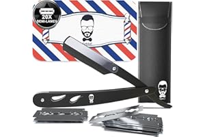 SAKKAL Rasoir à Barbe Coupe choux |20 Demi-Lames Etui Cuir de Transport |KIT rasoir de barbier manuel professionnel barber Visage classique Entretien a main précision vintage Traditionnel coiffeur (NOIR)