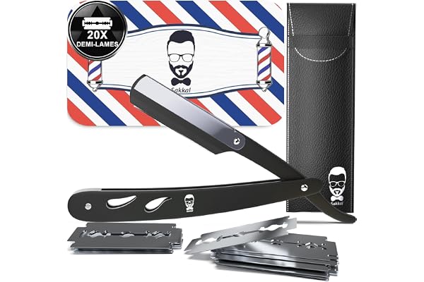 Rasoir à Barbe Coupe choux |20 Demi-Lames Etui Cuir de Transport |KIT rasoir de barbier manuel professionnel barber Visage classique Entretien a main précision vintage Traditionnel coiffeur (NOIR)