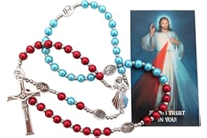Westmon Works Divine Mercy Rosary Set Colorful Glass Beads and Metal Crucifix and Jesus Centerpiece with Catholic Prayer Holy Card, M, Zinc, No Gemstone