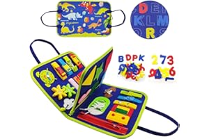 GOUJFOL Busy Board Planche Montessori, Jeux Educatif Enfant Jouet Montessori Tableau Cadeau Noël, Apprendre Les Boucles Fermeture à GlissièRe Lacets et Cravates, pour Garcon Fille BéBé 1 2 3 Ans (Dinosaure)